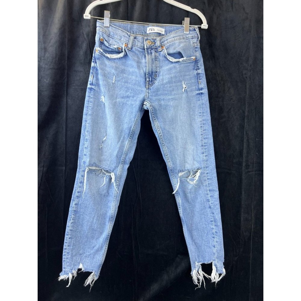 Zara Womens The Slim Boyfriend Beach Blue Denim Jeans Distressed Chunky Size 2